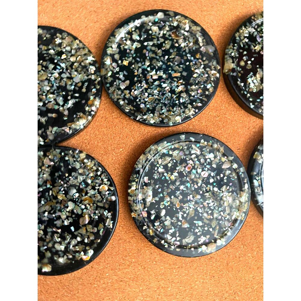 Vtg Set 6 Retro Abalone Shell Coasters, MCM Lucite Black Resin 4” Decor Handmade - Picture 4 of 7